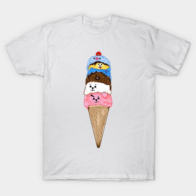 White t-shirt with colorful ice cream cone design featuring cute animal faces, casual wear, cotton material.