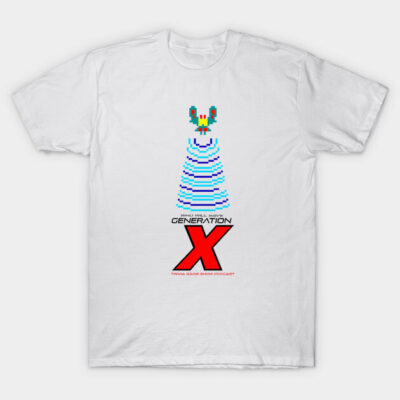 White Generation X t-shirt featuring retro pixel art design, casual style, ideal for fans of vintage aesthetics.