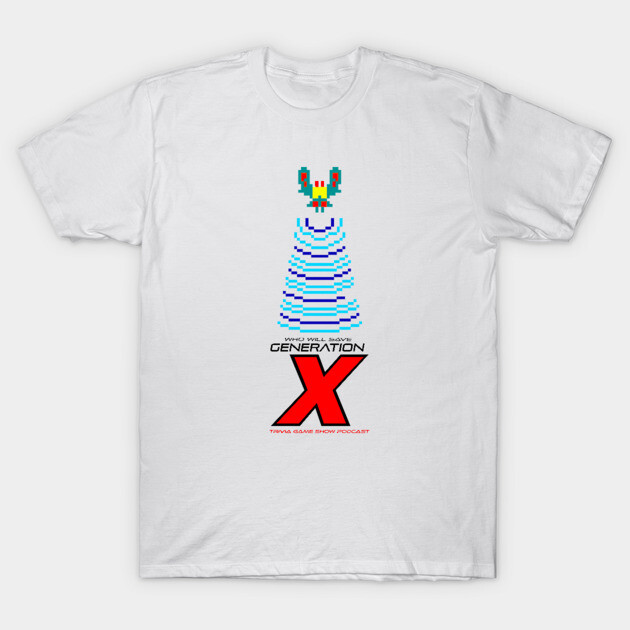 White Generation X t-shirt featuring retro pixel art design, casual style, ideal for fans of vintage aesthetics.