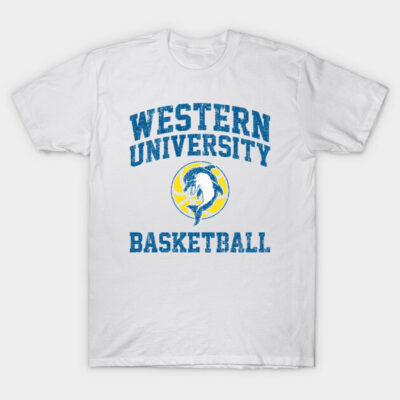 White Western University basketball t-shirt with blue text and dolphin logo, casual cotton sportswear for fans.