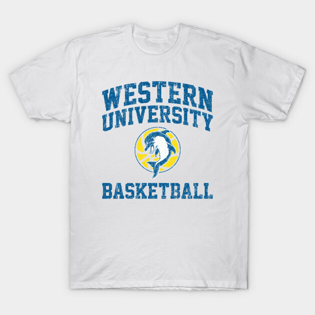 White Western University basketball t-shirt with blue text and dolphin logo, casual cotton sportswear for fans.