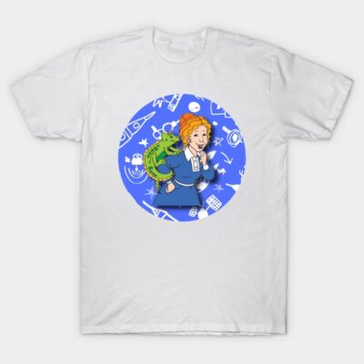White t-shirt with colorful cartoon character and lizard design, featuring a blue circular background with playful icons.