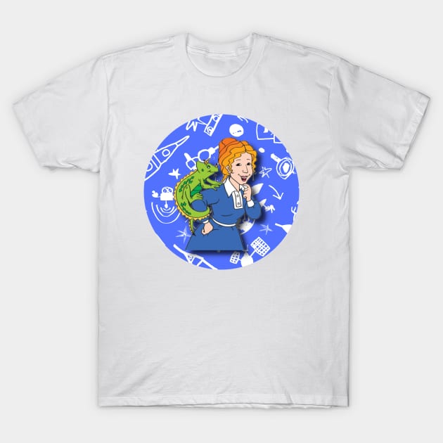 White t-shirt with colorful cartoon character and lizard design, featuring a blue circular background with playful icons.