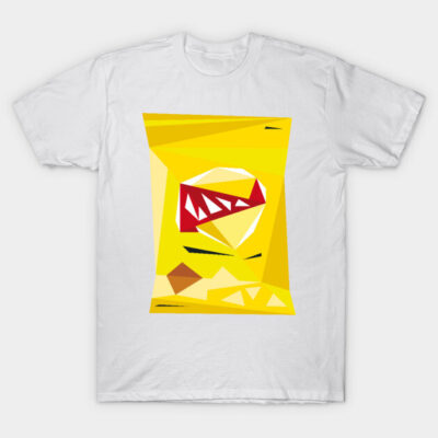 White t-shirt with abstract yellow snack bag design, geometric shapes, casual wear, cotton material.