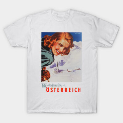 White t-shirt with vintage winter-themed Austrian graphic, featuring bold red text. Perfect for casual wear or gifts.