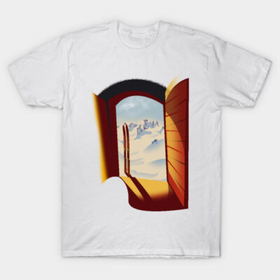 White T-shirt featuring mountain view graphic through an open door, casual style, 100% cotton, perfect for outdoor enthusiasts.