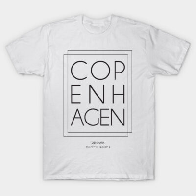 White cotton t-shirt with "Copenhagen" graphic text design, casual style, perfect for everyday wear.