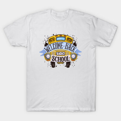 White cotton T-shirt with "Welcome Back to School" bus graphic, ideal for casual wear or school events.