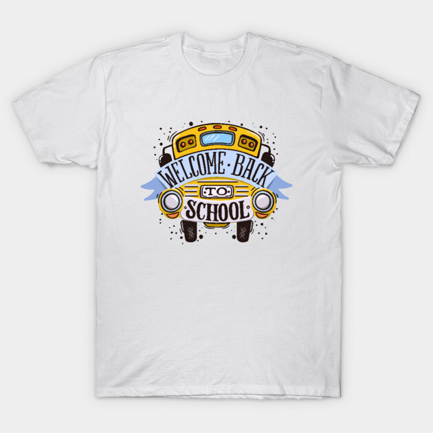 White cotton T-shirt with "Welcome Back to School" bus graphic, ideal for casual wear or school events.