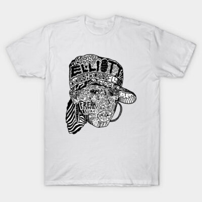 White graphic t-shirt with abstract black text design, casual style, 100% cotton, unisex.