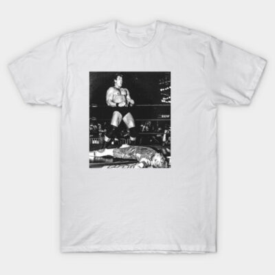 White unisex T-shirt with vintage wrestling graphic, casual wear, soft cotton fabric, perfect for fans and collectors.