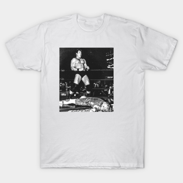 White unisex T-shirt with vintage wrestling graphic, casual wear, soft cotton fabric, perfect for fans and collectors.