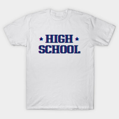 White T-shirt with "High School" text in bold letters, casual style, ideal for everyday wear.
