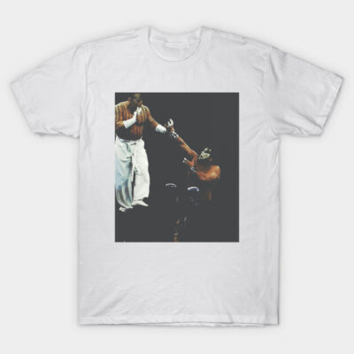 White cotton t-shirt with artistic print of two figures in traditional attire, ideal for casual wear or gifting.