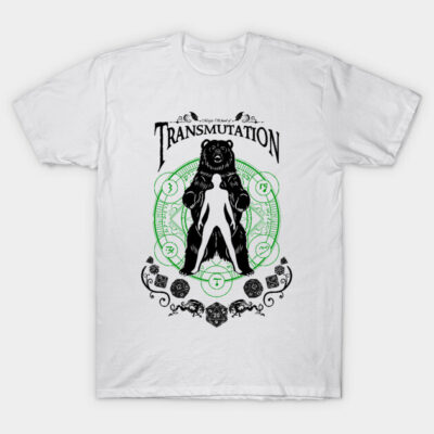White unisex t-shirt with black bear and green alchemy design, perfect for casual wear and fantasy fans. Cotton material.