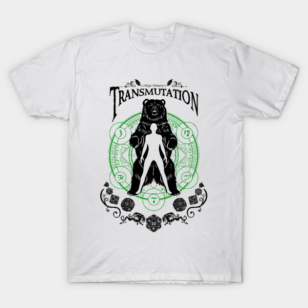 White unisex t-shirt with black bear and green alchemy design, perfect for casual wear and fantasy fans. Cotton material.