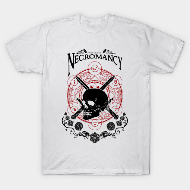 White unisex T-shirt with black skull and red occult design, perfect for casual wear or themed events, 100% cotton.