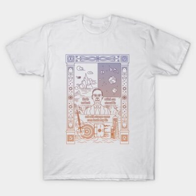 White graphic t-shirt with intricate line art and gradient design, made from soft cotton, perfect for casual wear.