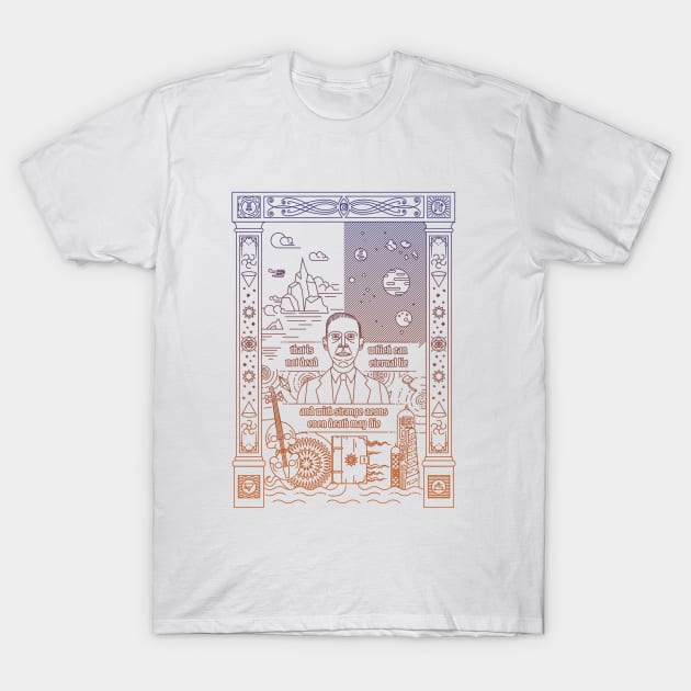 White graphic t-shirt with intricate line art and gradient design, made from soft cotton, perfect for casual wear.