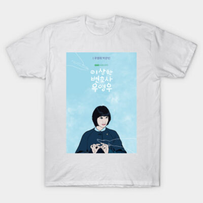 White cotton t-shirt featuring a graphic design with Korean text and a woman illustration on a blue background.