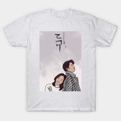 White graphic t-shirt with illustrated couple design and Korean text; casual unisex style, soft cotton material.