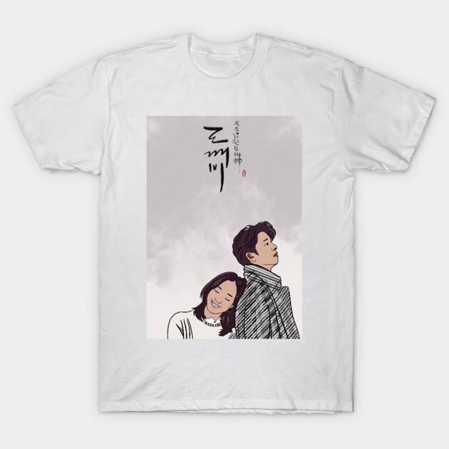 White graphic t-shirt with illustrated couple design and Korean text; casual unisex style, soft cotton material.