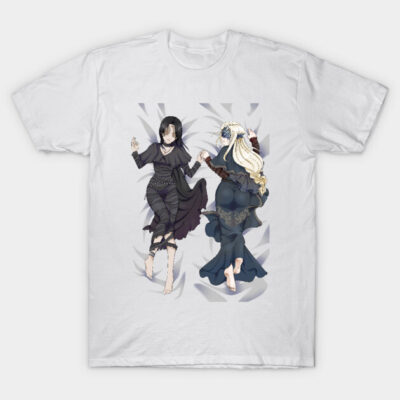 White t-shirt with anime characters, black and blonde, in flowing dresses. Casual wear, graphic print, cotton material.