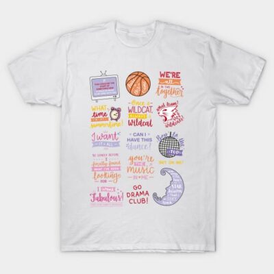 White graphic tee with colorful motivational quotes and icons, casual style, cotton material, perfect for everyday wear.