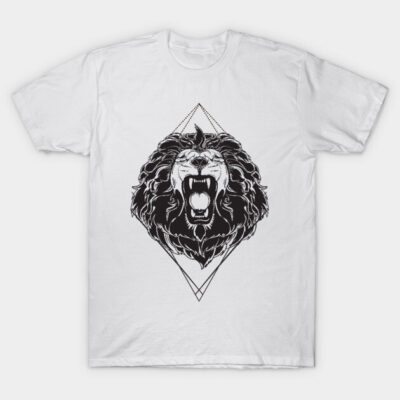 White t-shirt with bold black lion graphic, geometric style, cotton material, casual wear, unisex design.
