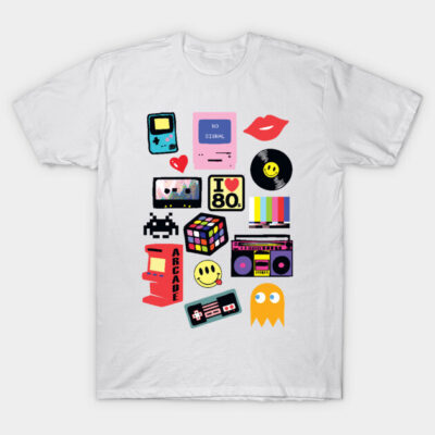 White t-shirt with colorful retro 80s graphics, featuring arcade, cassette, and gaming icons, perfect for casual wear.