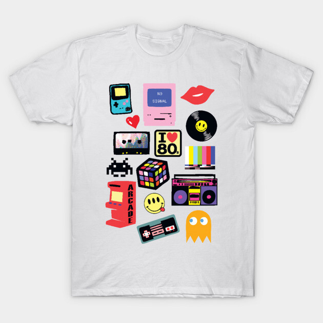 White t-shirt with colorful retro 80s graphics, featuring arcade, cassette, and gaming icons, perfect for casual wear.