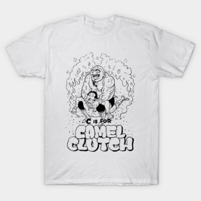 White T-shirt with "C is for Camel Clutch" graphic, featuring a bold, cartoon-style wrestling illustration.
