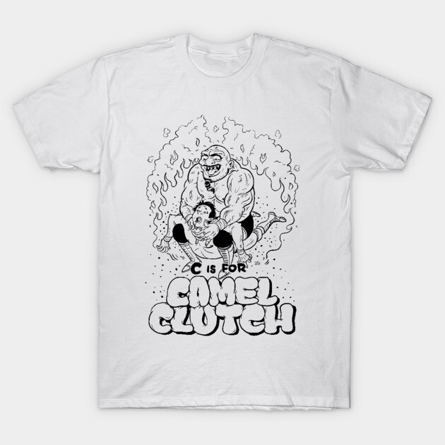 White T-shirt with "C is for Camel Clutch" graphic, featuring a bold, cartoon-style wrestling illustration.