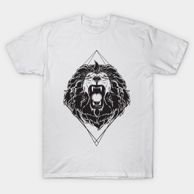 White t-shirt with bold black lion graphic, geometric style, cotton material, casual wear, unisex design.