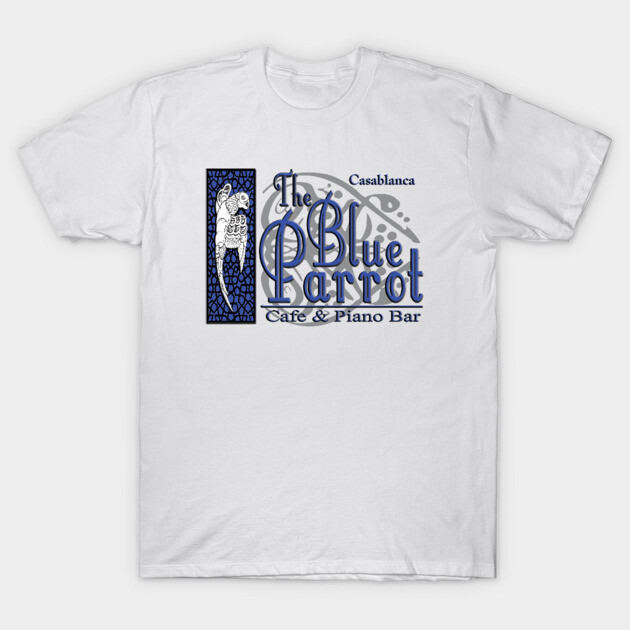 White "The Blue Parrot" T-shirt with blue graphic, casual style, cotton material, perfect for everyday wear.