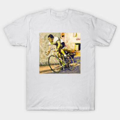 White cotton t-shirt featuring vintage cyclist graphic print, casual style, perfect for sports enthusiasts or retro fashion.