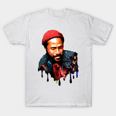 White t-shirt with colorful artistic print, featuring a red beanie design. Casual style, perfect for everyday wear.