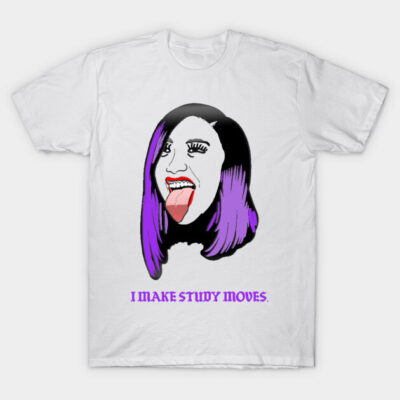 White t-shirt with bold graphic design and purple text, featuring humorous illustration. Ideal for casual wear.