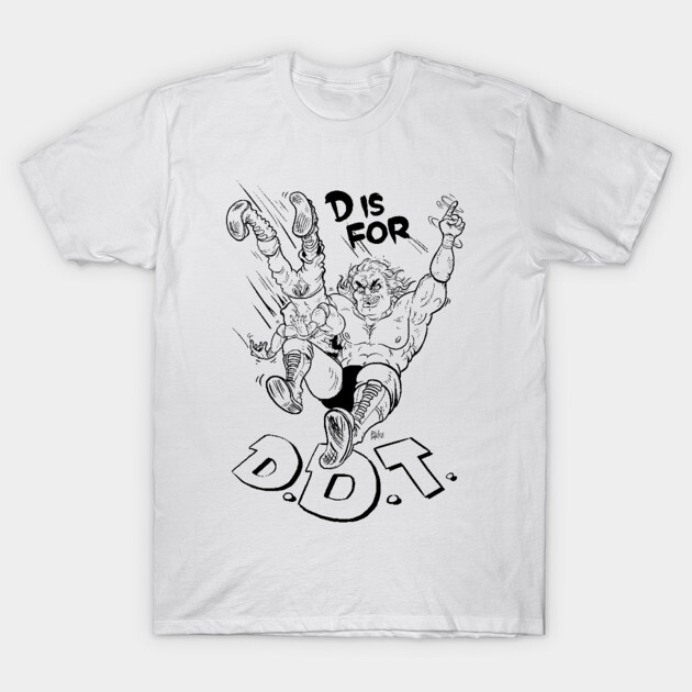 White "D is for D.D.T." graphic tee, wrestling theme, casual style, 100% cotton, unisex, comfortable fit.