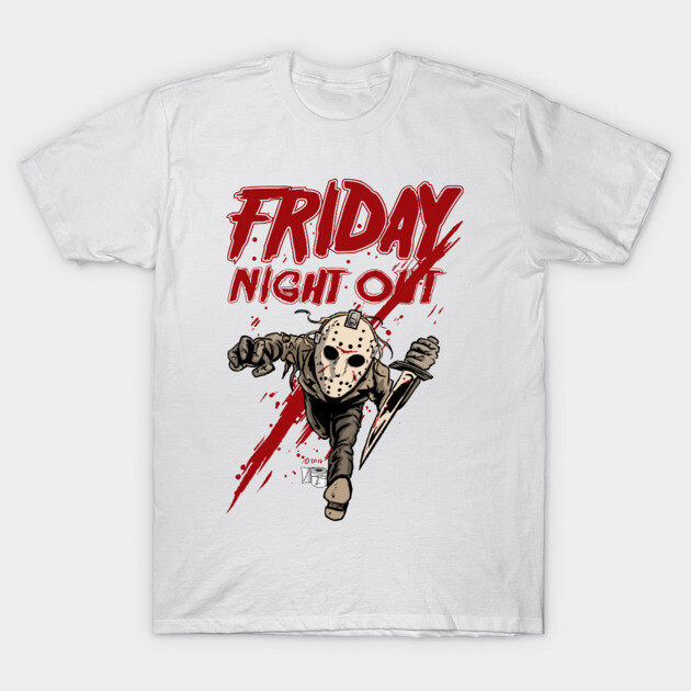 White graphic t-shirt featuring "Friday Night Out" design with a masked character and red accents, casual style.