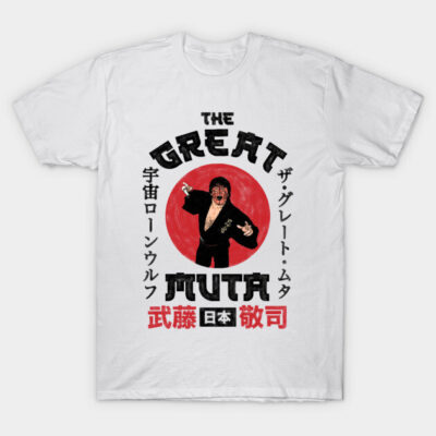 White t-shirt featuring "The Great Muta" design with red circle and Japanese text, perfect for wrestling fans.