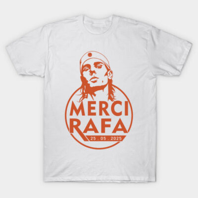 White T-shirt with orange graphic and "Merci Rafa" text, casual style, cotton material, unisex design.