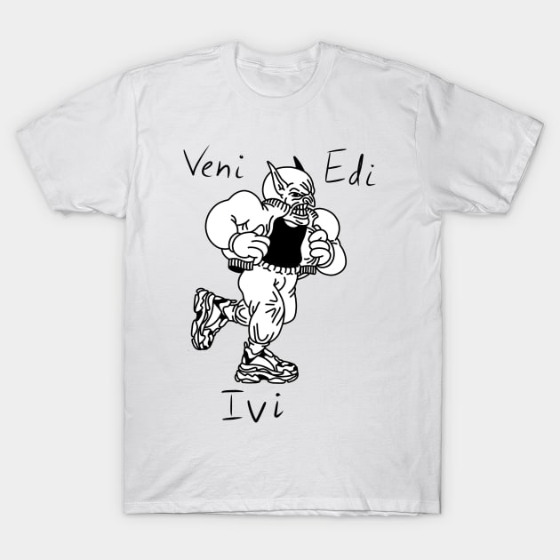 White cotton t-shirt with graphic design and text "Veni Edi Ivi," casual and stylish for everyday wear.