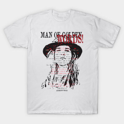 White graphic t-shirt with black and red text and illustration, casual style, 100% cotton, unisex design.