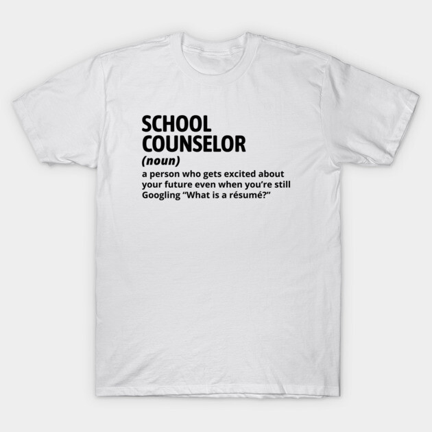 White t-shirt with "School Counselor" text design, casual style, made from cotton. Ideal for educators or school events.