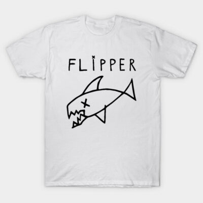 White graphic t-shirt with hand-drawn shark design and "Flipper" text, casual cotton style, unisex fit.