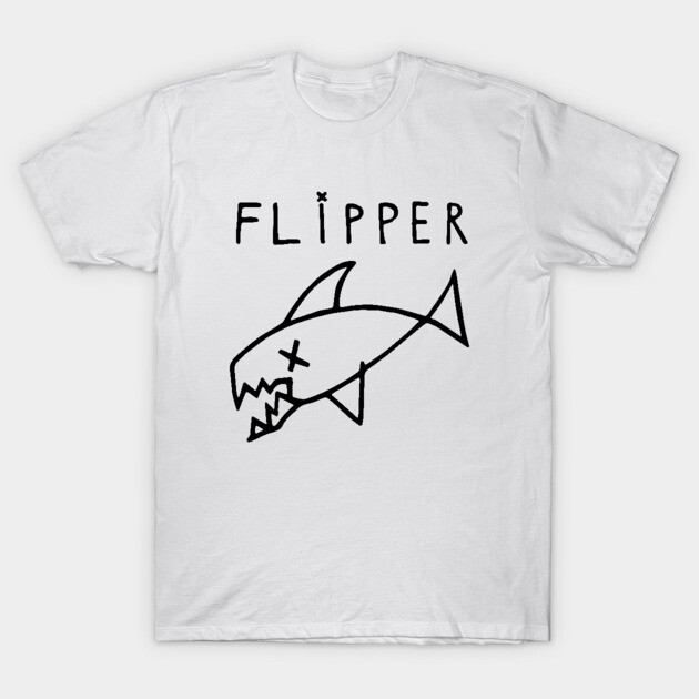 White graphic t-shirt with hand-drawn shark design and "Flipper" text, casual cotton style, unisex fit.