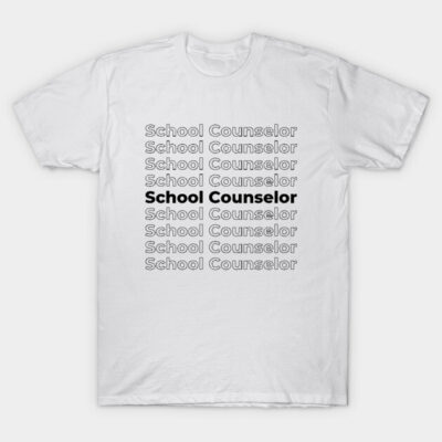 White "School Counselor" t-shirt with repeated text design, casual style, cotton material, ideal for educators.