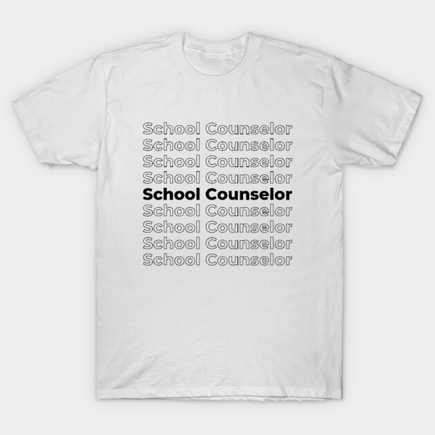 White "School Counselor" t-shirt with repeated text design, casual style, cotton material, ideal for educators.