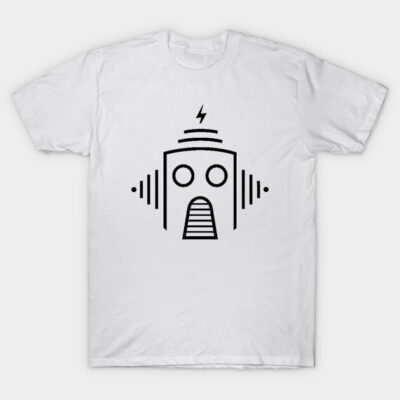 White T-shirt with black abstract robot design, casual style, made from 100% cotton, ideal for everyday wear.